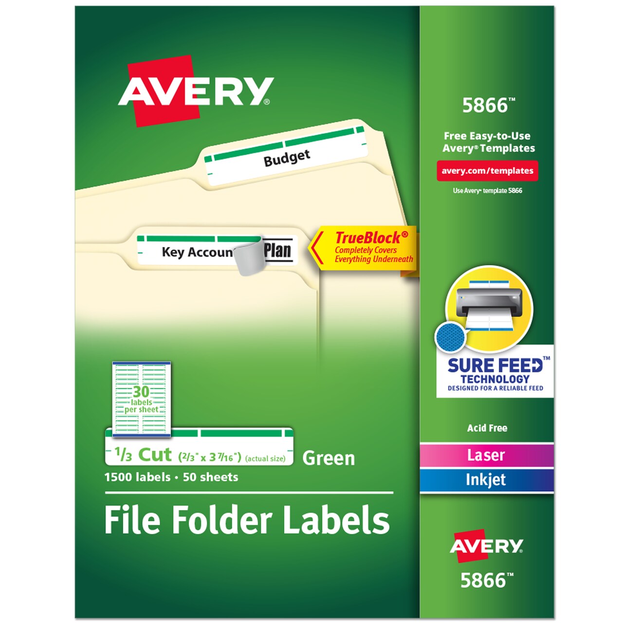 Avery TrueBlock File Folder Labels, Sure Feed Technology, Permanent Adhesive, Green, 2/3" x 3-7/16", 1,500 Labels (5866)